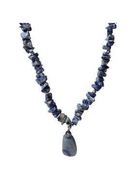 Boho Blue Sodalite Chip Beaded Pendant Necklace Intuition Insight Spiritual